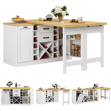 Îlot central de cuisine Blanc 120x40x74cm Pivotant Rangement Tiroirs Portes Casier à Vin MDF et métal Cuisine Rangement Pratique (1/5)