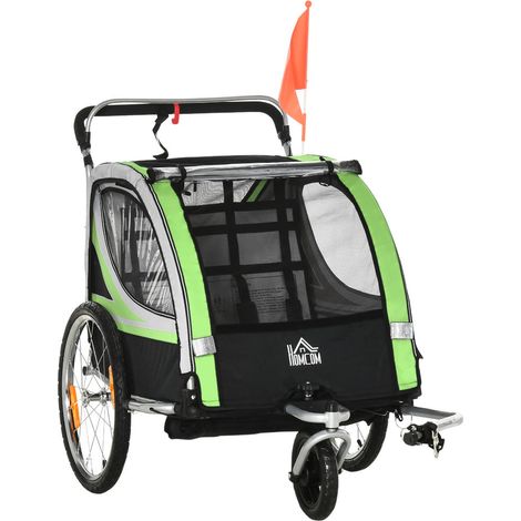 Remorque Vélo Enfant 2 Places 2 en 1 Convertible en Poussette avec Frein et Bâche Verte (1/5)