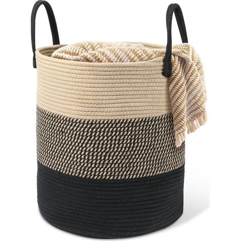 Geflochtener Wäschekorb aus Baumwolle – 45 l – mit Griff – gewebter Wäschekorb – Aufbewahrungskorb für Kinderzimmer, Badezimmer – 35 x 40 cm – Beige und Schwarz