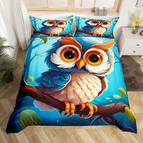 Housse de Couette 140x200 Hibou avec 1 Taie d'oreiller, Parure de Lit Oiseau de Dessin Animé, Sets de Housses de Couettes Imprimé Animal Mignon, Couvre Lit Jungle Boisée Vie Sauvage - 140x200cm + 1 Ta (1/5)