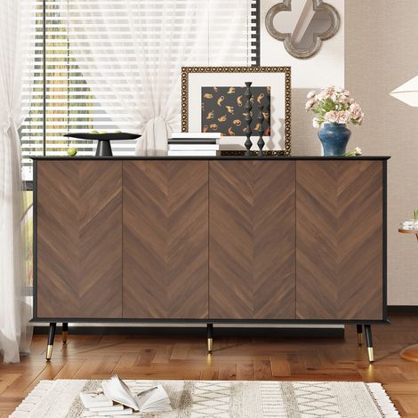 MEUBLIV Aparador 140 x 40 x 80 cm negro y marrón – 4 puertas, estantes regulables (1/5)