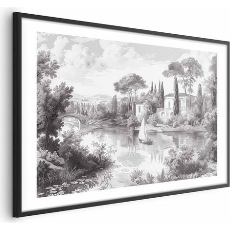 Poster – Schwarz-weiße Vintage-Landschaft mit Teich (1/4)