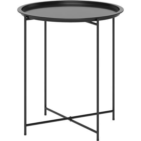 Petite table basse ronde table d'appoint plateau amovible avec bord relevé pieds pliables en acier Ø 46 x 53 cm noir (1/5)