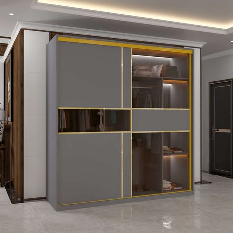 Luxury 2-Door Sliding Wardrobe with Glass Panels, Dual LED & Golden Trim - Grey200cm (1/4)