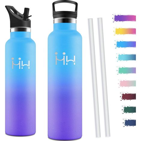 Gourde Isotherme 1l, avec Paille, Bouteille Isotherme, Anti-Fuite, Thermos, Poignée de Transport, Gourde Inox, , Thermos 1l pour Voyage, Camping, Sport, Gym, Bleu Ciel & Violet (1/5)