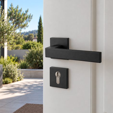 Ouvre&Déco – 2 poignées de porte LOFT trou de cylindre porte de bureau, service ou d'entrée, Rosace carrée, Variostar, Métal noir mat, Contemporain Scandinave (1/5)