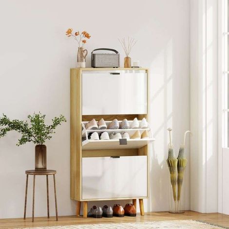 Meuble à chaussures, armoire à chaussures étroite, 3 tiroirs rabattables, porte haute brillante, 60x24x127cm, blanc (1/5)