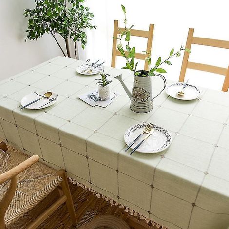 nappe rectangulaire à carreaux carrés en coton et lin uni, à franges