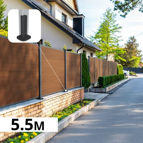 Kit Clôture Composite sur Muret CRUZ Teck 5,5x1,2m - Bois composite & Aluminium - Poteaux sur Platines Gris - Brise vue