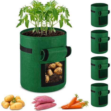 5 sacs de plantation non tissés de 20 L, adaptés à la culture de fruits et légumes sur le balcon ou le jardin, verts (1/5)