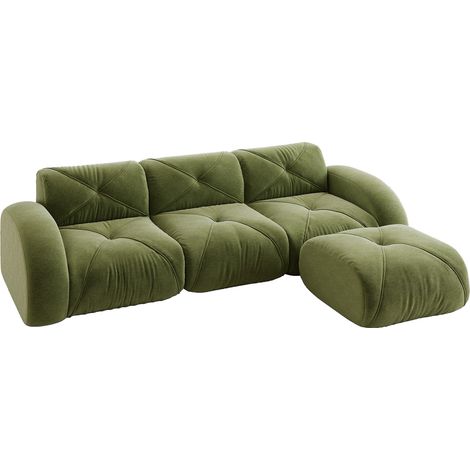 ELVMI Sofá modular de esquina 3 plazas sin montaje con reposapiés antideslizante, en Chenilla, Verde (1/5)