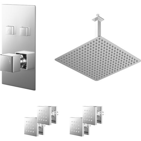 Cubix Polished Chrome Push Button Diverter Concealed Thermostatic Shower Valve and 400mm Square Head with 300mm Ceiling Arm and 4 Body Jets - 2 Outlet (1/5)