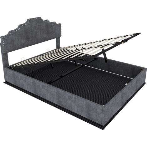 Cama canapé tapizada gris 160 x 200 cm con somier de láminas, pistones de gas y colchón (1/5)
