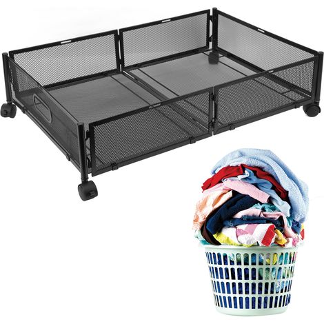 [Organisateur de rangement sous lit] [avec roulettes] Boîte de rangement métallique détachable à motif grille, modèle pull-out, pour chaussures, vêtements, jouets, noir, dimensions 60x40.5x16cm, 2200g (1/5)