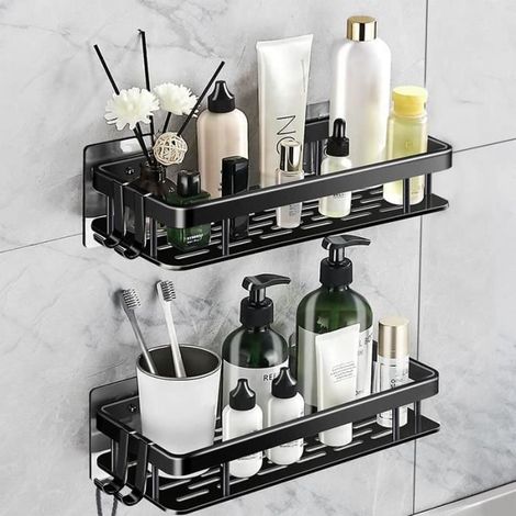 Étagères de Douche en Aluminium - Lot de 2 - Installation sans Perçage - Noir pur - 30 x 22 x 6 cm (1/4)