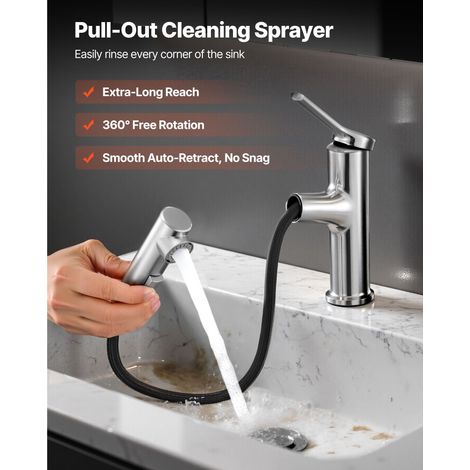Robinet lavabo 1 manche avec douchette extractible 1 ou 3 trous, acier inoxydable nickel brossé sans plomb, bouton poussoir, pour salle de bain, camping-car, WC public (1/5)
