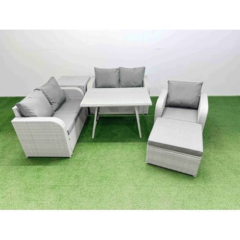 Fimous 6 Seater Outdoor Rattan Garden Furniture Set Love Sofa Reclining Chair Set with Rectangular Dining Table Side Table Big Footstool Light Grey (1/4)