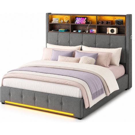 Letto Contenitore 160 x 200 cm in Velluto, Letto Matrimoniale con 6 Vani, USB-C, LED e Tasche, senza Materasso (1/5)