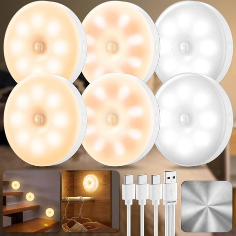 6Pcs Lampe Detecteur de Mouvement Interieur, Veilleuse Detecteur de Mouvement Pour Couloir Cuisine, éclairage D'escalier, Chambre D'enfant, éclairage D'armoire (1/5)