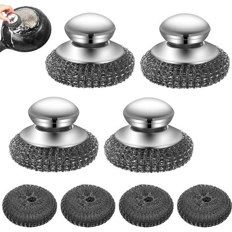 4 Pièces Boule INOX, Brosse à Billes en Acier Fil d'acier Fin, Manche Rond, Polyvalente et Réutilisable, Idéale pour la Cuisine, la Salle de Bain, Le Garage ou L'extérieur (1/5)