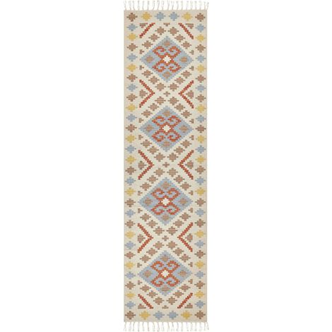 Tappeto Kilim in cotone con motivo geometrico e frange 80 x 300 cm Multicolore Atan