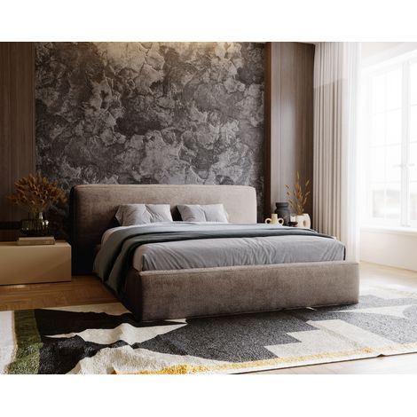Emporius Lit double 160x200 cm Vitoria, lit rembourré design moderne en tissu avec rangement, Marron (1/5)