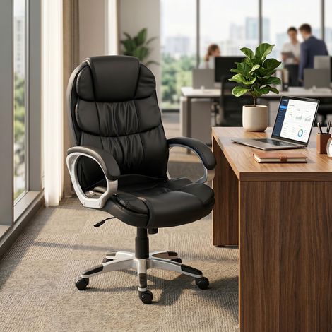 Fauteuil de bureau pivotant ergonomique en similicuir, fonction bascule, hauteur réglable, capacité de charge de 120 kg, noir (1/5)