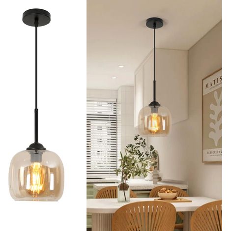 E27 Suspension Luminaire Moderne Lustre en Verre Ambre 1 Flamme (1/5)
