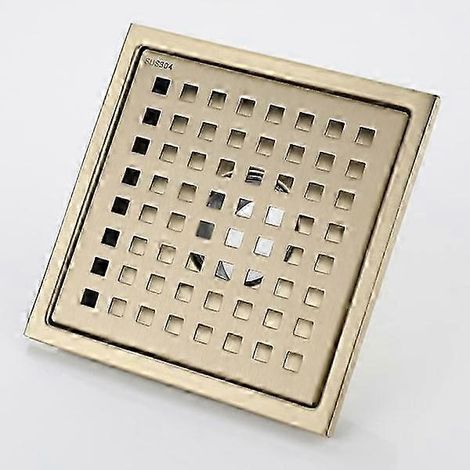 Bonde de douche carrée 15 x 15 cm en acier inoxydable doré, avec couvercle, noyau désodorisant en laiton, finition or brossé (1/5)