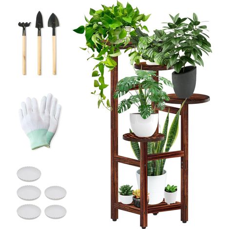 Support de plantes haut à 5 niveaux, étagère en bois pour l'intérieur et l'extérieur, support de fleurs avec bac à plantes et outils de plantation de jardin pour terrasse, balcon, bureau, salon (1/5)