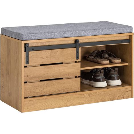 SoBuy FSR120-N Schuhbank mit Schiebetür Truhenbank Sitzbank mit Stauraum Schuhregal Garderobenbank Dielenbank Bettbank Schuhtruhe Sitzkommode Natur BHT ca.: 80x48x35cm (1/5)
