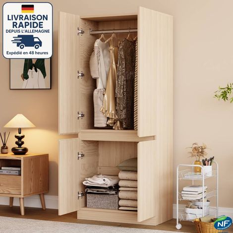 MODFU - Armario de 4 puertas, 1 barra para colgar ropa, unidad de almacenaje alta - salón y dormitorio, 70×40×170 cm, MDF, natural (1/5)