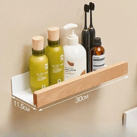 Étagère de salle de bain en bois de hêtre (30 cm), supports de rangement muraux sans perçage, étagères de rangement pour salon, étagères murales (1/5)