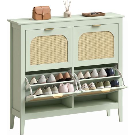HOMCOM Boho Slim Shoe Cabinet with Rattan Doors, Holds 20 Pairs, Green (1/5)