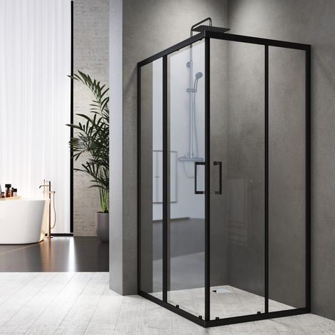 WDWRITTI Schwarzer Duschkabine 75x90 cm Eckeinstieg Schiebetür, Duschkabine 90x75 cm Eckeinstieg Duschabtrennung mit 6mm ESG Sicherheitsglas Glas Duschwand Höhe: 185cm