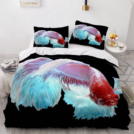 Housse de Couette 140x200 Enfant Poisson Coloré Parure de Lit 1 Personne Microfibre Housse de Couette Créatures Aquatiques 3D Imprimé Literie Set 3 Pièces avec Fermeture Éclair - 140x200+2x50x75 (1/5)