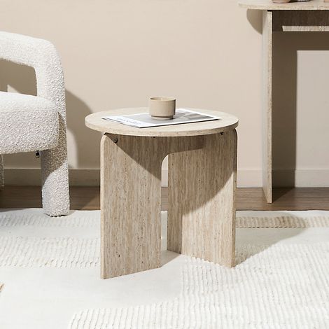 Table D'Appoint - HOME DECO FACTORY - Pietra - Minimaliste - Effet Pierre - Blanc et Beige (1/5)
