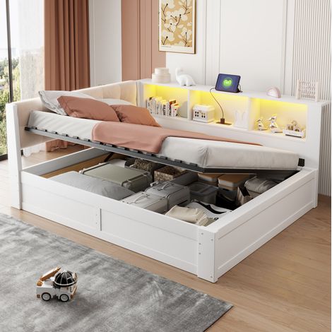 Letto da giorno 140x200 cm bianco in pino e lino con contenitore idraulico, LED e USB (1/5)