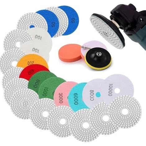 Lot de 16 disques de polissage 50 -10000 pour granit, pierre, béton, marbre, ponceuse de sol ou polisseuse en marbre pour polissage avec plaque de support M14 + adaptateur (1/5)