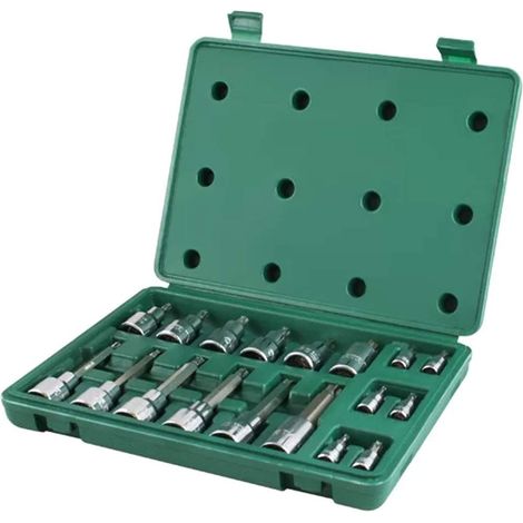 SATA ST09052SJ Juego de Llaves de Vaso para Brocas Torx, Unidad de 1/4 de Pulgada y 1/2 de Pulgada, con Brocas Largas y Cortas en una Caja de Almacenamiento Verde, 18 Piezas
