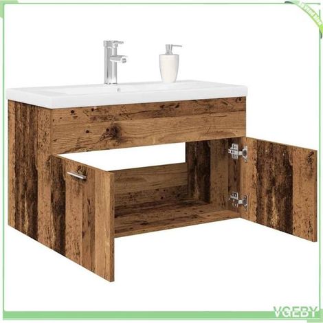 Meuble lavabo avec vasque intégrée - FAF7291712446382 - Vieux bois - 80×38,5×46 cm - Vasque céramique intégrée (1/5)