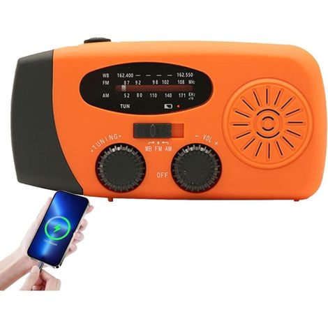 Radio météo à manivelle, rechargeable – Radio solaire AM/FM 2000 mAh, éclairage DEL, pour la survie à l'intérieur et le camping, orange