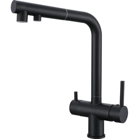 Robinet Cuisine 3 Voies Avec Douchette Extractible, Mitigeur 3 Voies Cuisine Pivotant à 360°, Robinetterie Cuisine Eau Potable, Robinet Évier De Cuisine Avec Sortie Eau Filtrée (noir) (1/5)