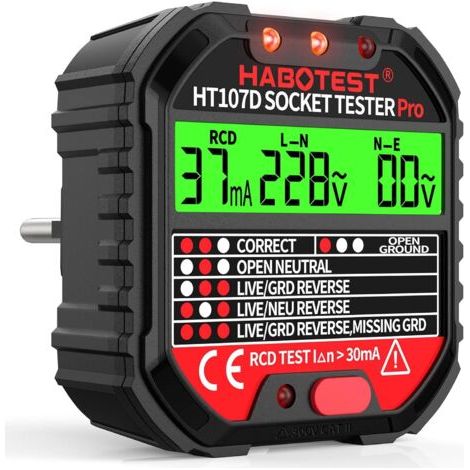 Sollbry Testeur de Prise, Testeur de Circuit Electrique Courant Automatique Détecteur de Tension de Polarité 90-250V/45-65Hz, 6 Tipi di Diagnosi di Errore, Test RCD/Affichage de Tension