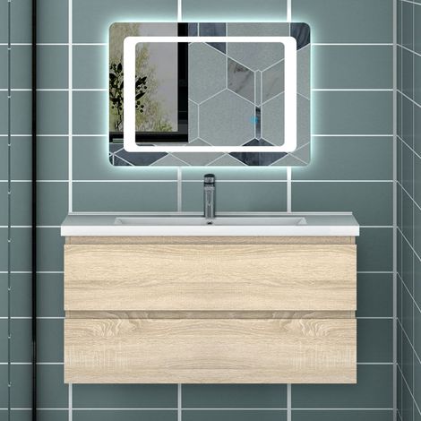 Ocean Sanitaire – Ensemble de meubles de salle de bain chêne avec 2 tiroirs – Dimensions 99x46x52cm – Meuble sous vasque prédécoupé – Vasque à poser — vue 2