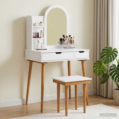 Coiffeuse avec miroir et rangement, bois d’ingénierie et pin massif, blanche, 4 pièces - PANGIVO (1/5)