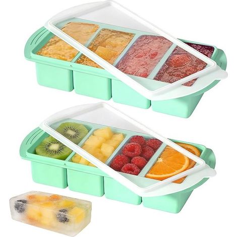 Bandeja para cubitos de hielo,Recipientes para congelar,Bandeja de silicona para congelar,Juego de 2,4 compartimentos,1000 ml,Verde menta (1/5)