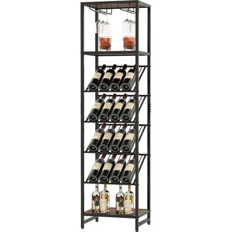 7-Tier Wine Rack Freestanding Floor, 16 Bottles Wine Holder Display Storage Shelves with Glass Holder & Anti-toppling Design, Liquor Stand Bar Cabinet for Kitchen, Pantry