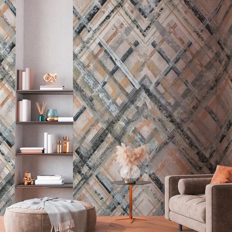 Fototapete Profhome 392281 heißgeprägte Vliestapete glatt mit Rauten Muster matt grau beige blau-grau 2,65 m x 2,8 m