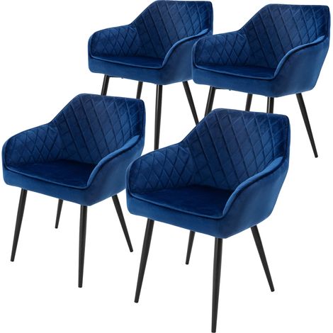 ML-Design Set di 4 Sedie da Sala da Pranzo con Braccioli e Schienale Rivestimento in Velluto Blu Sedia da Cucina Imbottita con Gambe in Acciaio Poltrona per Soggiorno Salotto Design Elegante